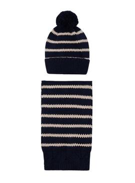 Set Mayoral cappello e sciarpa a righe blu marino per bambina