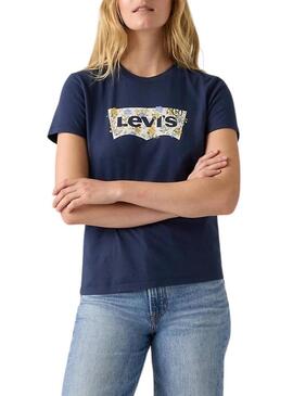 Maglietta Levis Perfect blu con logo e fiori per donna.
