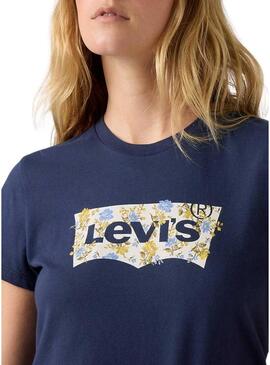 Maglietta Levis Perfect blu con logo e fiori per donna.