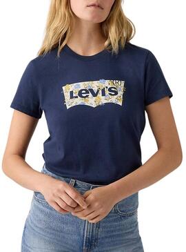 Maglietta Levis Perfect blu con logo e fiori per donna.
