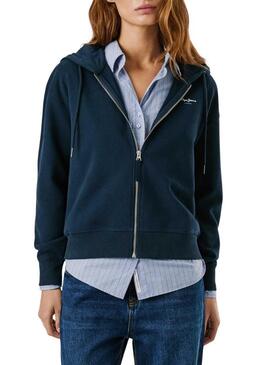 Felpa Pepe Jeans Babi con cappuccio e zip blu marino per donna