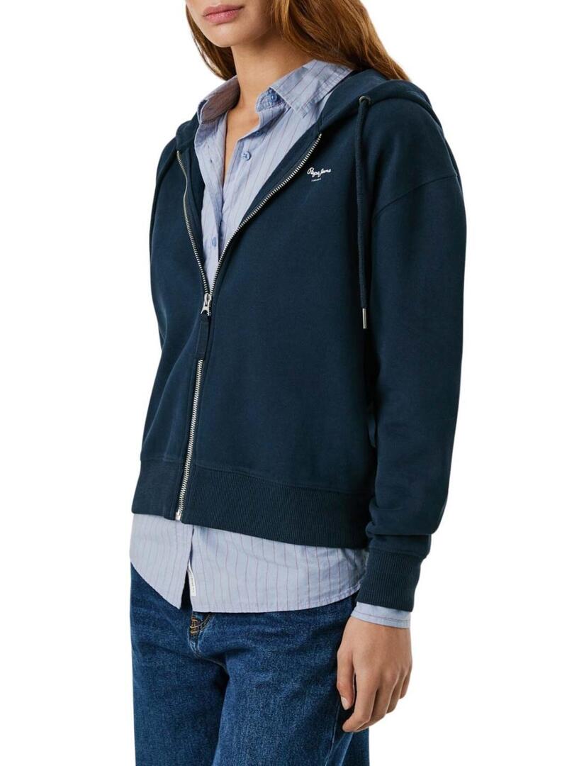 Felpa Pepe Jeans Babi con cappuccio e zip blu marino per donna