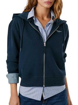 Felpa Pepe Jeans Babi con cappuccio e zip blu marino per donna