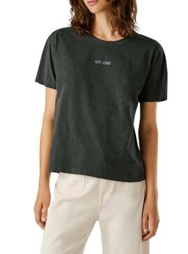 Maglietta Pepe Jeans Bemma logo strass grigia per donna