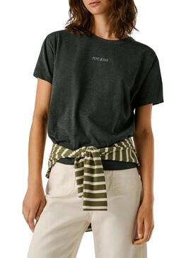 Maglietta Pepe Jeans Bemma logo strass grigia per donna