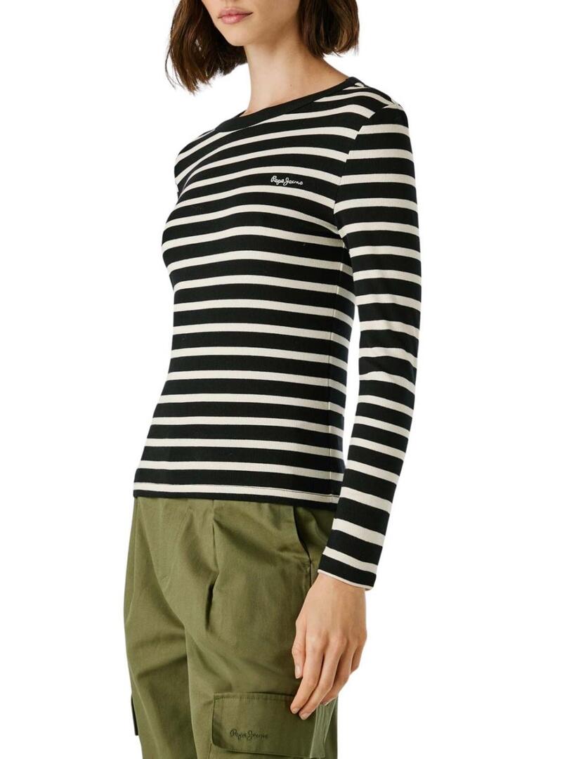 Maglietta Pepe Jeans Bani a coste a righe nere per donna.