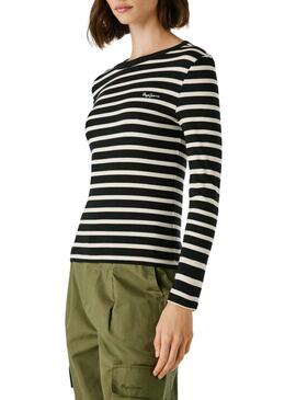 Maglietta Pepe Jeans Bani a coste a righe nere per donna.