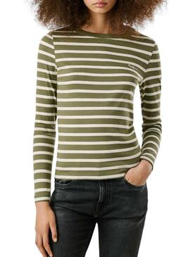 Maglietta a coste a righe verdi Pepe Jeans Bani per donna