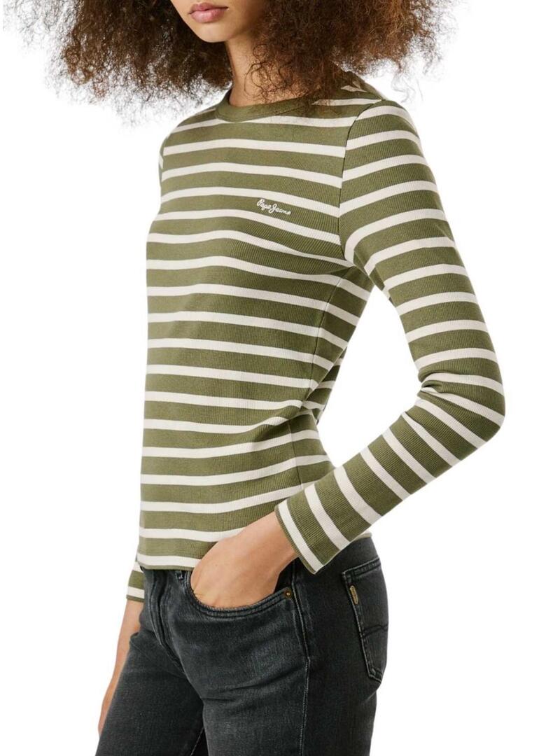 Maglietta a coste a righe verdi Pepe Jeans Bani per donna