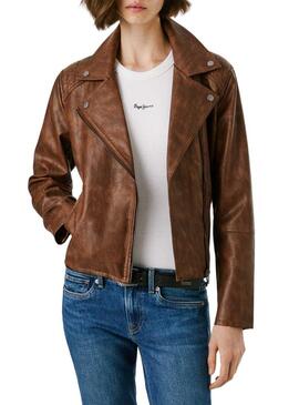 Giacca da motociclista Pepe Jeans Stacy in pelle marrone per donna