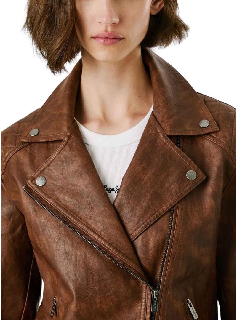 Giacca da motociclista Pepe Jeans Stacy in pelle marrone per donna