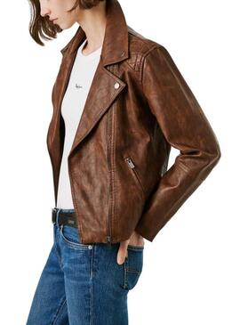 Giacca da motociclista Pepe Jeans Stacy in pelle marrone per donna