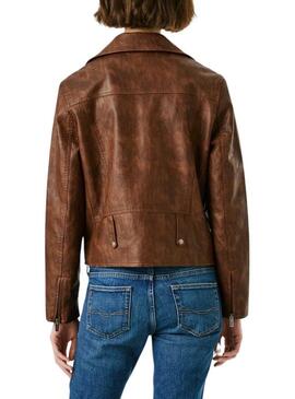 Giacca da motociclista Pepe Jeans Stacy in pelle marrone per donna