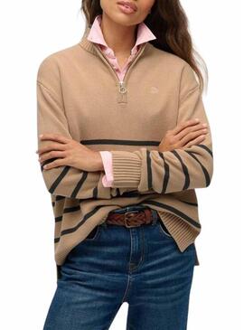 Maglia Superdry con zip al collo color cammello per donna.
