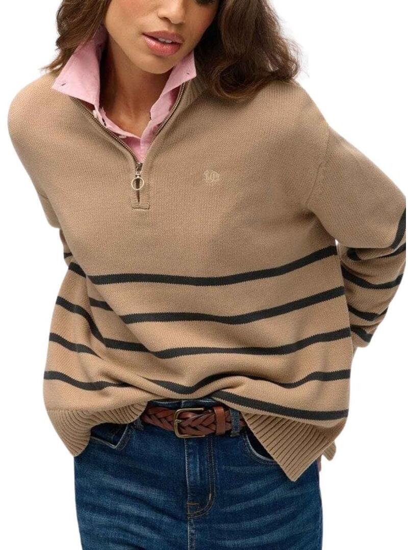 Maglia Superdry con zip al collo color cammello per donna.