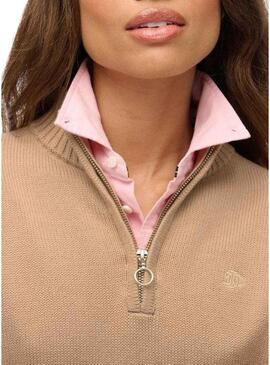 Maglia Superdry con zip al collo color cammello per donna.