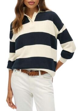 Maglia Superdry Slouchy a righe Rugby blu navy e beige per donna