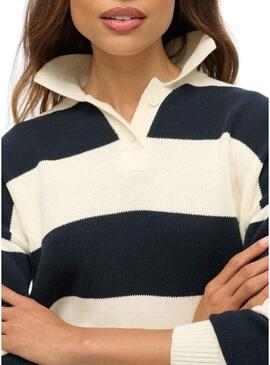 Maglia Superdry Slouchy a righe Rugby blu navy e beige per donna