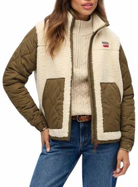 Giacca in pile Superdry Fleece Hybrid beige e verde per donna