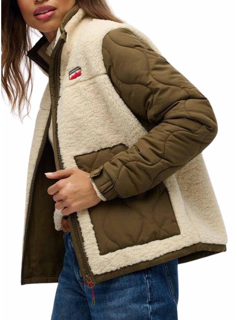 Giacca in pile Superdry Fleece Hybrid beige e verde per donna