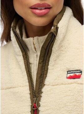 Giacca in pile Superdry Fleece Hybrid beige e verde per donna