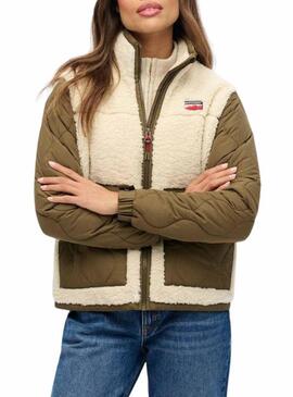 Giacca in pile Superdry Fleece Hybrid beige e verde per donna