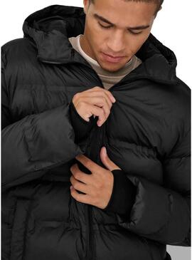 Giacca imbottita Only and Sons Union con cappuccio nero per uomo