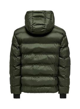 Giacca Only and Sons Union imbottita con cappuccio verde per uomo.