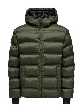 Giacca Only and Sons Union imbottita con cappuccio verde per uomo.