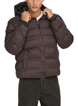 Giacca imbottita con cappuccio marrone per uomo Only and Sons Union