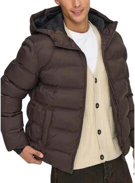 Giacca imbottita con cappuccio marrone per uomo Only and Sons Union