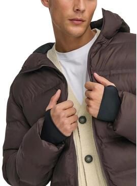 Giacca imbottita con cappuccio marrone per uomo Only and Sons Union