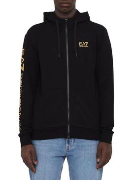 Giubbotto Emporio Armani EA7 nero e dorato con cappuccio per uomo.