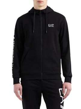 Giacca Emporio Armani EA7 nera con cappuccio e zip per uomo.