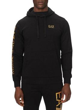 Felpa Emporio Armani EA7 con cappuccio nera e dorata per uomo