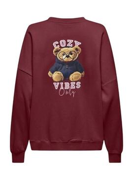 Felpa Only Bila con stampa orso bordeaux per donna