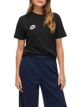 Maglietta Vila Vinora nera con stampa labbra per donna