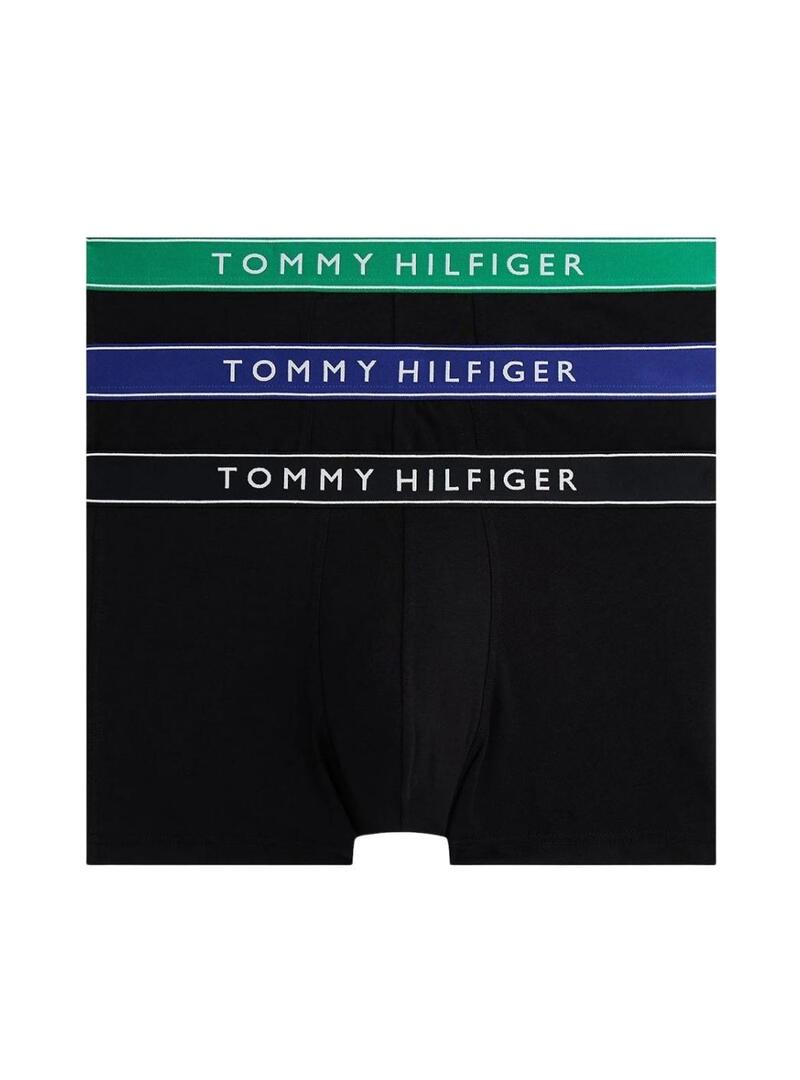 Confezione da 3 boxer Tommy Hilfiger Trunk neri con vita colorata per uomo.