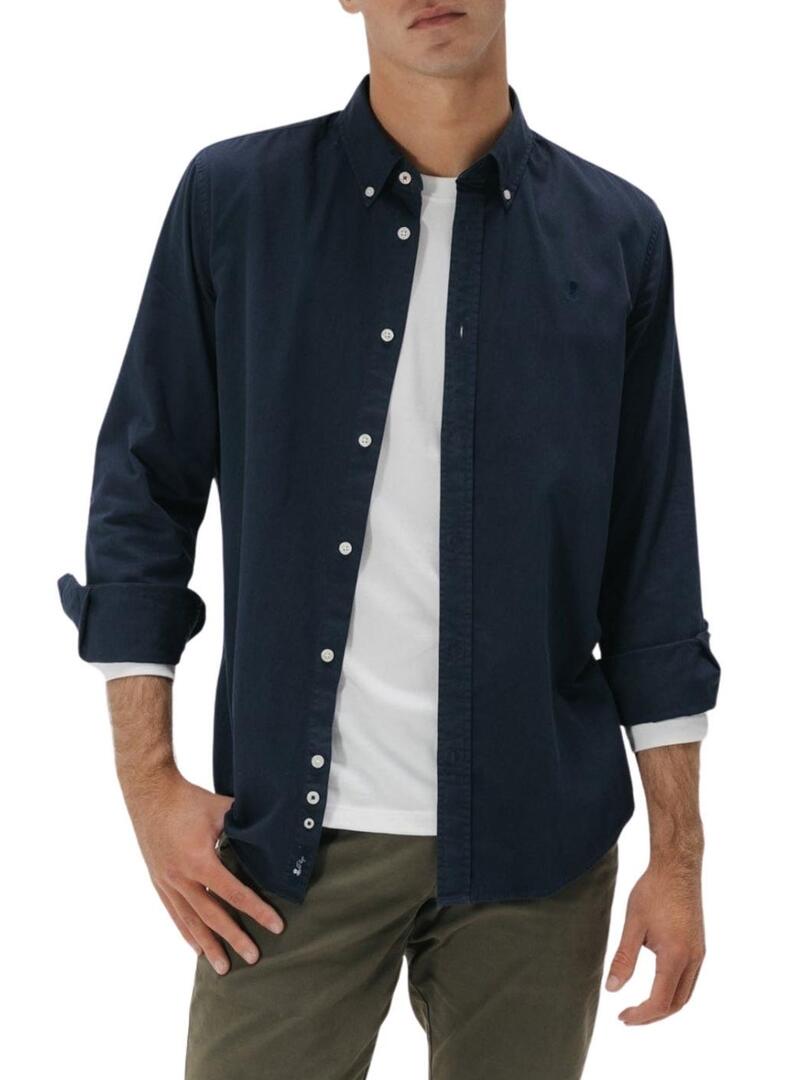 Camicia casual in twill tinta unita blu navy con stampa El Pulpo per uomo.
