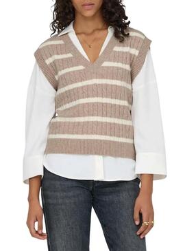 Gilet Only Katia a righe color beige stampato per donna.