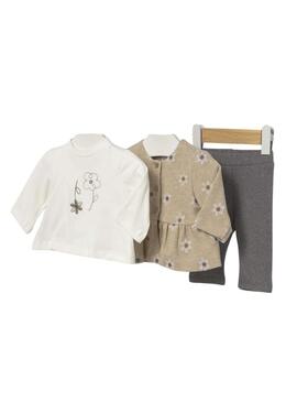 Set di tre pezzi Mayoral con fiori beige per bambini
