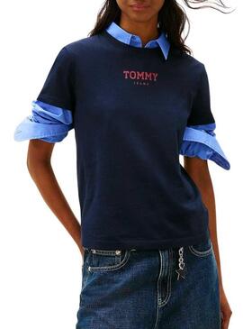 Maglietta Tommy Jeans Essential Logo blu scuro per donna