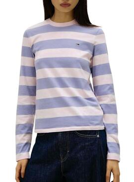 Maglietta a righe viola a maniche lunghe Tommy Jeans per donna.