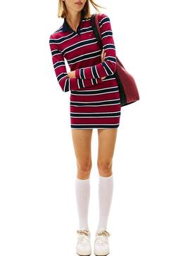Abito Tommy Jeans polo a righe bordeaux per donna