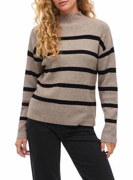 Maglia Vila Viril Mockneck a righe beige e nere per donna