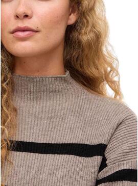 Maglia Vila Viril Mockneck a righe beige e nere per donna