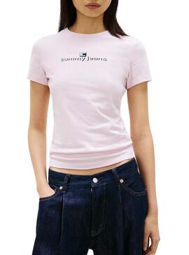 Maglietta Tommy Jeans Slim Logo rosa per donna