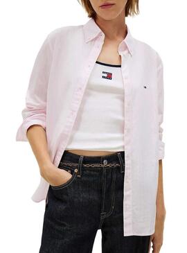 Camicia Tommy Jeans in popeline a righe rosa e bianche da donna