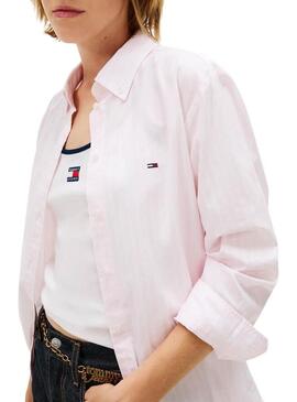 Camicia Tommy Jeans in popeline a righe rosa e bianche da donna
