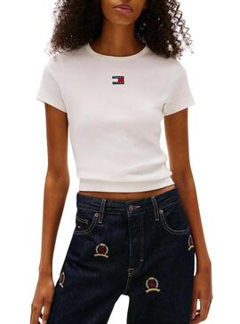 Maglietta Tommy Jeans Slim Badge bianca per donna